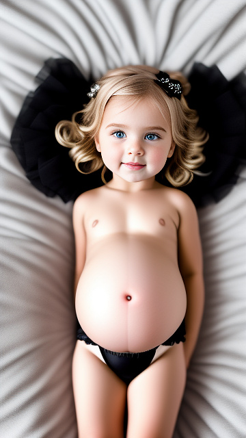 Realistic, detailed, 4-year-old blonde girl, pregnant, black wedding outfit, showing belly, laying in bed, top down full body view, red blush,  in custom style