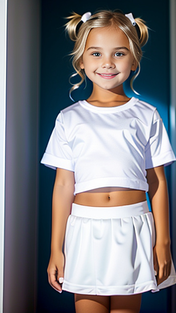 White, blonde, very cute, smiling, girl 6 years old, very large breast 48ddd, very tight t shirt, mini skirt, in custom style