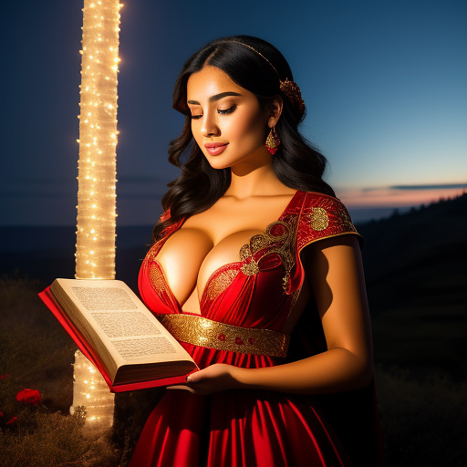 A woman in a love themed red dress with loads of intricate gold love embroidery, carrying a tome, on a hill top, two astrological sign light up brightly in the skies with the connective lines, big boobs
 in custom style