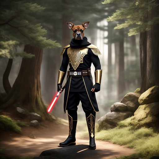 Draw a male fawn boxer dog in sith gear from star wars in anime style