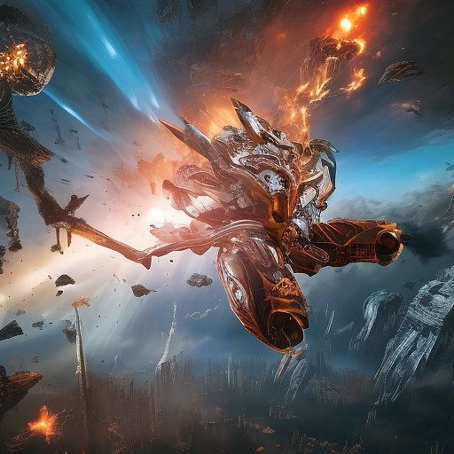 The transformer flies through space against the backdrop of planets in angelcore style