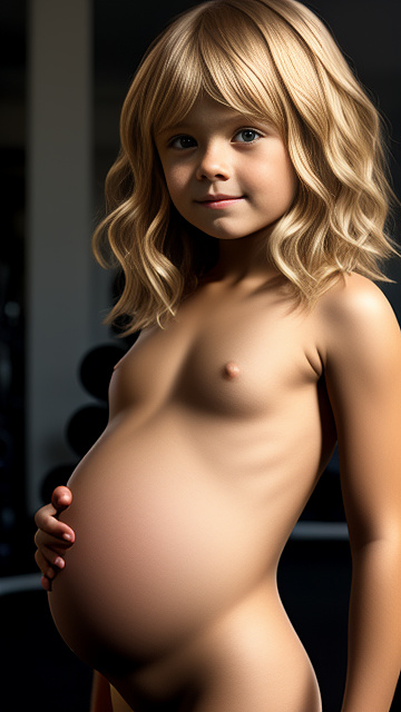 Realistic, pregnant, 7-year-old-boy, blonde hair, gym, nude,  in custom style