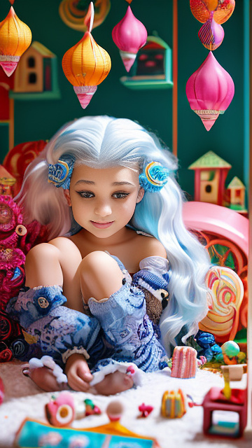 A skinny 9-year-old girl with big boobs and white hair is lying on her bed with her legs spread wide in kids painted style