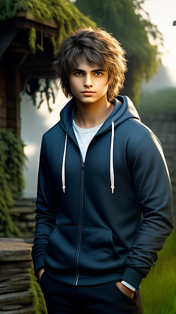 Cute mördern teen boy with fair skin and messy hair sparking eyes in hoodie.  in fantasy style