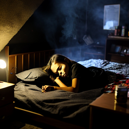 The room is dark, smoky and a mess, the bed is broken. there is an ashtray with an outstanding cigarette on the table. a 13-year-old girl is lying on a bed and crying. in custom style