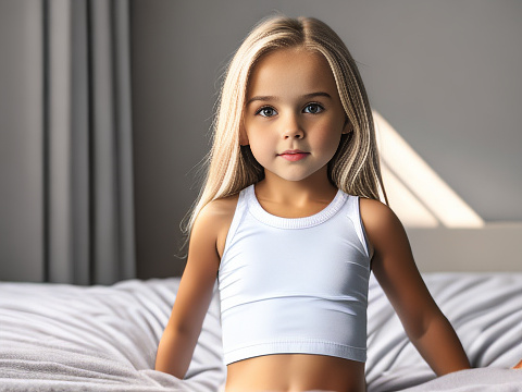 Realistic, detailed, 6-year-old girl, blonde hair, full-body, grey school mini-skirt, white under-vest, relaxing on bed, aroused expression, looking between her legs, girl bits, muscular body, in custom style