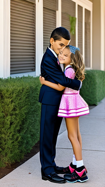 A romantic moment between a tween couple. the very sexy hot 11 year old girl, wearing her super sexy clothes, hugging the 11 year old boy. in custom style