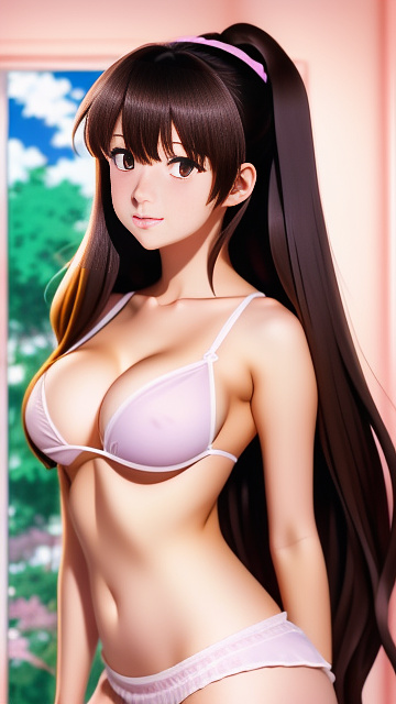 Hot e-girl, front facing, large chest, big breasts in anime style