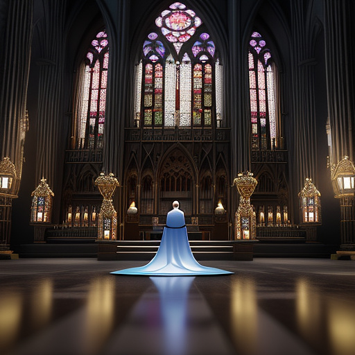 A priest praying alone in a majestic cathedral, stained glass windows casting colorful light on the stone floor, solemn and quiet. in disney 3d style