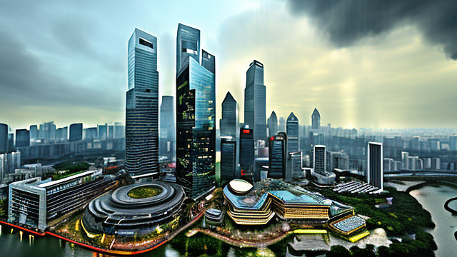 The city of singapore, its buildings pock-marked with craters and falling debris is surrounded by a smashed and burning city. in angelcore style