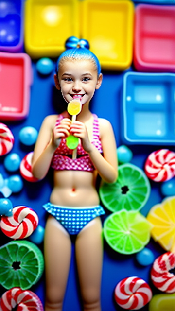 13-year-old, caucasian, wearing a
 bikini, licking popsicle, skinny, realistic in kids painted style