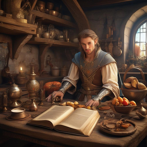 An elaborate storybook sitting on a table in a warm medieval kitchen in fantasy style