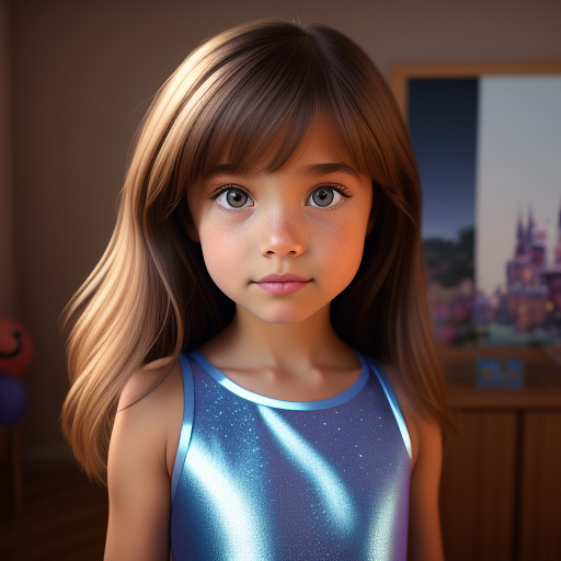 A seven year old girl, with very light brown straight long and short hair, dark brown eyes, and is wearing a cute light blue and light purple dance outfit in disney 3d style