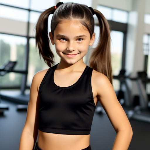 Cute caucasian white girl, 9 years old, long black hair tied into a ponytail, at the gym, black tank top, black sports shorts in custom style