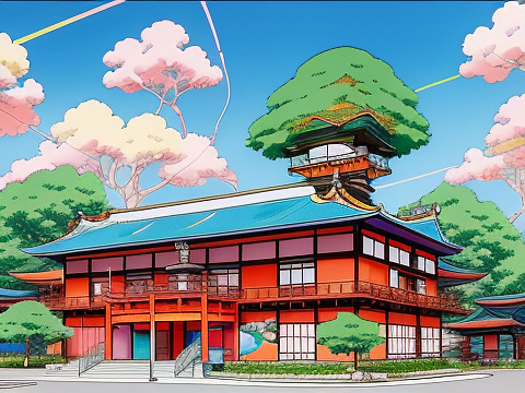 A colorful language institute for kids in anime style