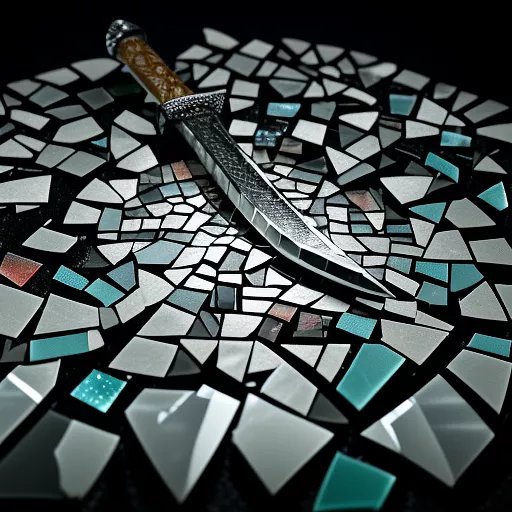 A viking warrior drawing a sword with a text balloon containing the word "taille" in mosaic style
