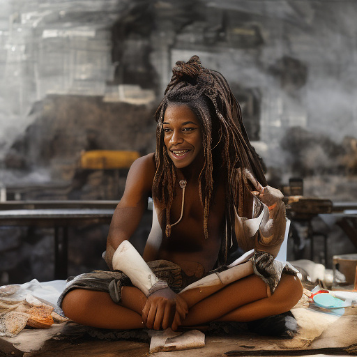 A black rastafarian is sitting on a worktable, smiling happily and smoking. the room is smoky. in custom style