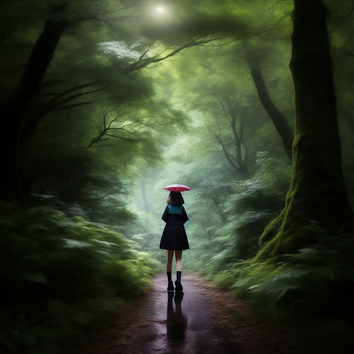 A girl walking in the dark forest in anime style