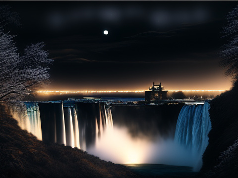 Luminist landscape painting of pegasus (tristar pictures) in a distant view of niagara falls (horseshoe falls, ontario) at the night time, academic art by jan matejko, wincenty trojanowski, ken kelly, luis royo, esao andrews, stylized, --ar 4:5 8k --v 6 in gothic style