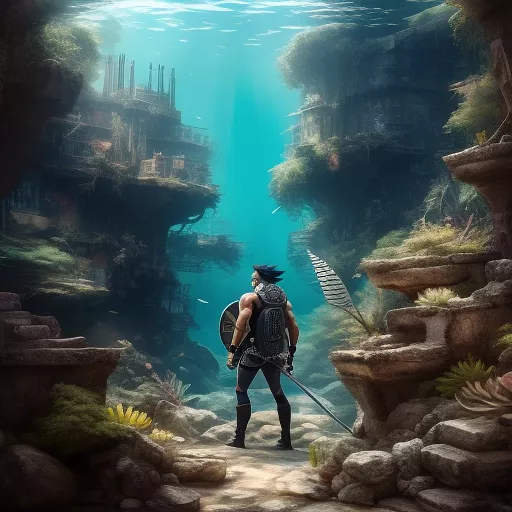 A muscular male with valk in a waistcoat in an underwater ruin site with a robot samarine shark  in anime style