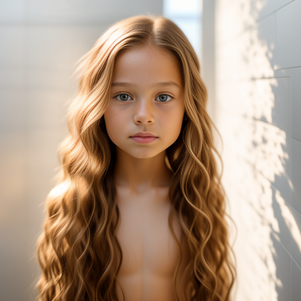 A thin 7-year-old girl is standing up in the shower. the girl is looking over her shoulder at the camera. the scene captures a peaceful. the girl has long hair flowing to the side. the bathtub is white with a clean and minimalistic design. natural light brightens the setting.
she is completely naked. her whole body is visible. in realistic style