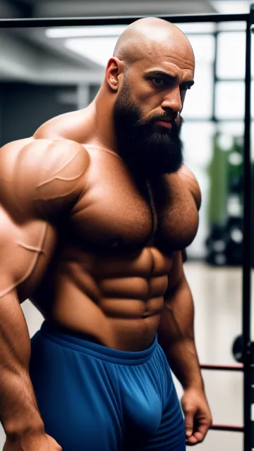 Huge bald skinhead blue eyes beard 1000lbs alphamale toxic masculine enormous pumped up bodybuilder bruiser gigantic swollen veiny shredded bloated muscles thick neck wide shoulders big back huge biceps and forearms huge pecs wearing a tight muscleshirt sportshorts sneakers showing off in gym in disney painted style