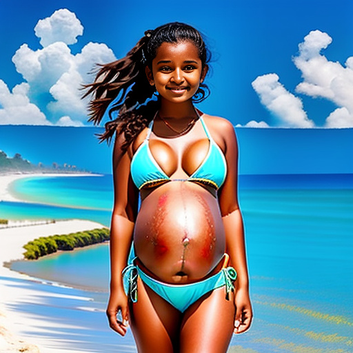 Pregnancy of 13-years-old girl pregnant of 43 weeks at the beach wearing bikini and a big sweaty belly and juicy milky boobs  in custom style