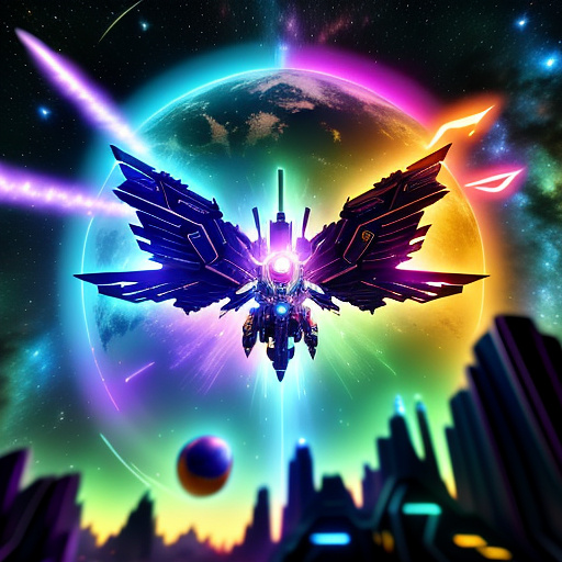 A cheerful transformer flies through space against the backdrop of planets. in angelcore style