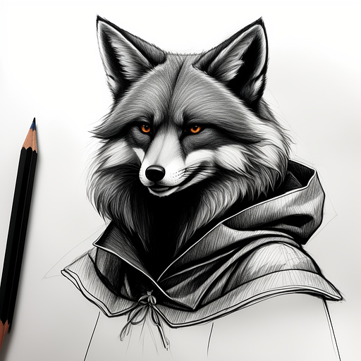Anthropomorphic fox as little red riding hood
with an anthropomorphic wolf in pancil style