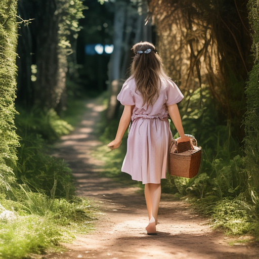 A 9-year-old girl is walking along a forest path. it's evening. she has a basket in her hand. view from behind. in custom style