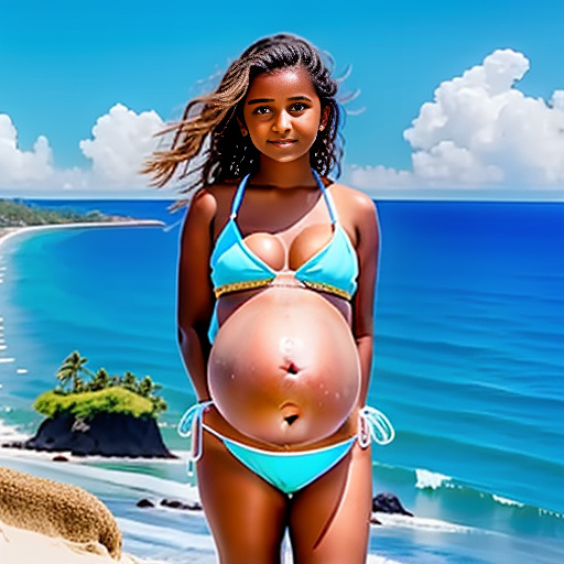 Pregnancy of 13-years-old girl pregnant of 40 weeks at the beach wearing s bikini and a big sweaty belly with *white skin* and juicy milky boobs  in custom style