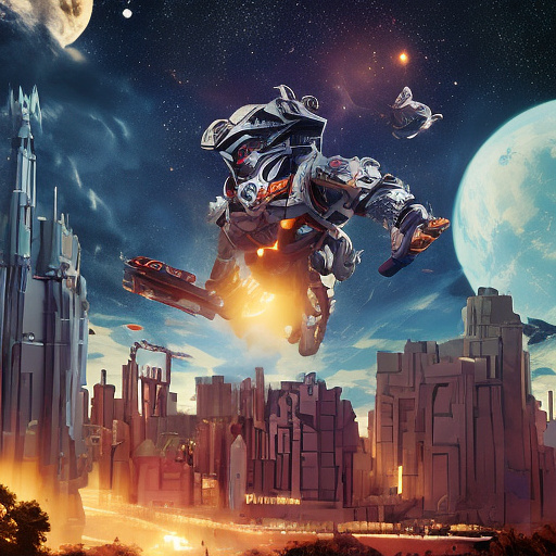 A cheerful transformer flies through space against the backdrop of planets. in disney painted style