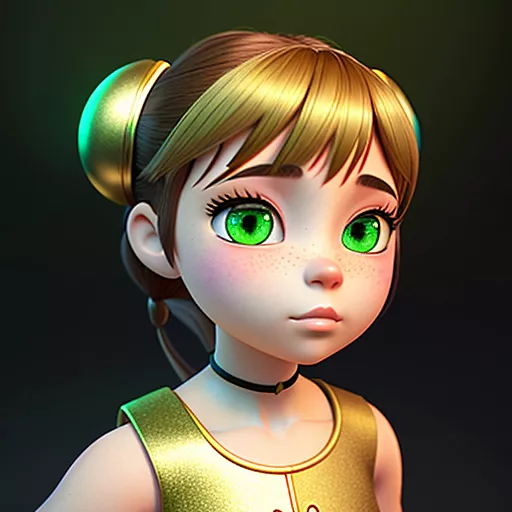 Female child with bright green eyes laced with gold, brown hair with some gold in it, a green and gold positivity related outfit, embodiment of positivity  in disney 3d style
