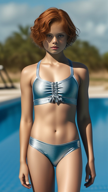 Realistic, detailed, 10 year-old , silver tight spandex satin swimwear short hair ginger - standing  in custom style