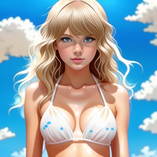 Taylor swift wearing a bikini dripping in milk
 in anime style