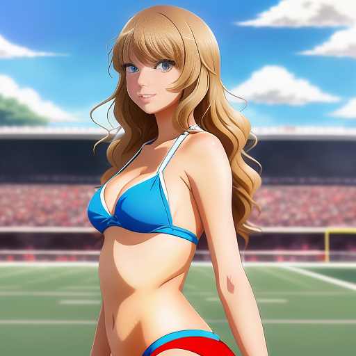 Taylor swift at a football game in a bikini in anime style