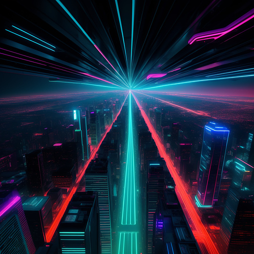 A futuristic cityscape glows with neon lights and holographic displays. view from above. color palette: vibrant neon pinks, blues, and greens. in sci-fi style