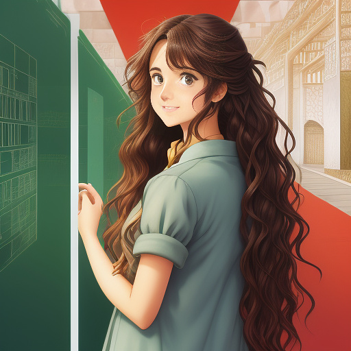 Some afghanian girl with wavy hair have passport in his hand and is happy. background just be color green. in anime style