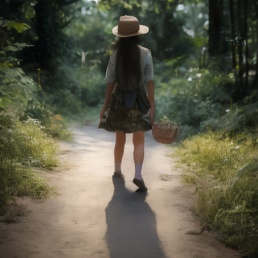 A tired 9-year-old girl is walking along a forest path. it's evening. she has a basket in her hand. she's wearing a panama hat. view from behind. in custom style