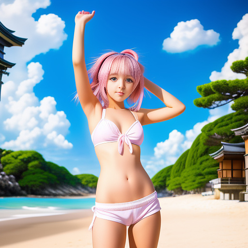 Little young girl in camera, whit shorts pants and swim bra, curbing her body. 
pink hair and her hands up for tie the hair, 
in a beach

 in anime style