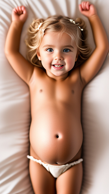 Realistic, detailed, 4-year-old blonde girl, pregnant, tan wedding outfit, showing belly, laying in bed, top down full body view, red blush, tan skin, mouth open, milk  in custom style