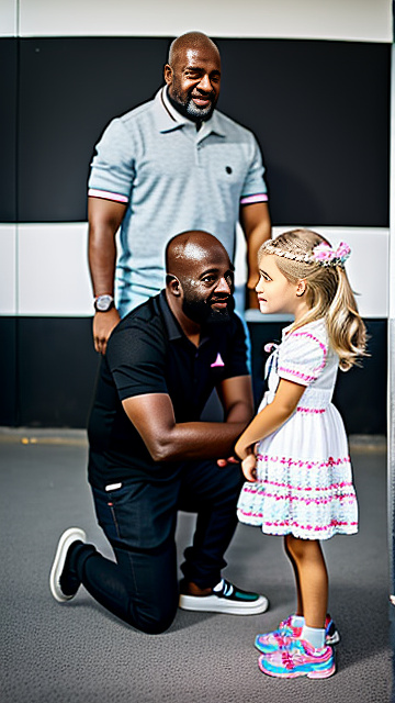 White, blonde, very cute, girl 7 years old , girl on her knees facing towards black uncle who is standing, both people shown in picture  in custom style