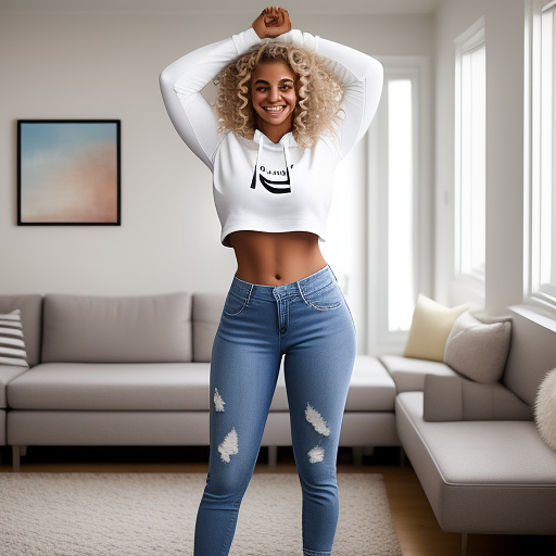 Sexy white blonde college student with large boobs and her arms up and curly hair and in a long sleeve cropped hoodie and jeans pants and showing her whole belly and her legs and standing in the living room and full body picture in custom style