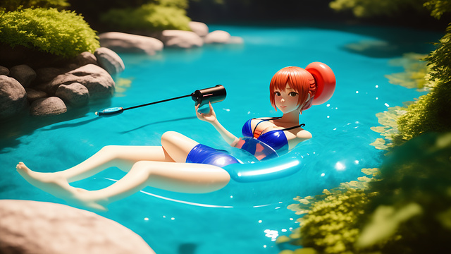 3d fursona girl floating on a lazy river in an inner tube wearing a swim . in anime style