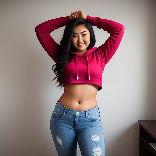 Sexy curvy asian college student with her arms up and in a very loose long sleeve cropped hoodie and long jeans pants and showing her belly and standing in the bedroom in custom style