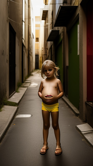 Pregnant, 7-years-old-white-boy, yellow underwear, alleyway, full body, topless, birthing  in custom style