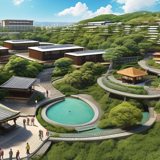 "aerial masterplan of a 20-hectare eco-resort, bird’s-eye view. a narrow artificial canal 500–600m long, 15–20m wide, crossing southwest–northeast, with small boats, man-made not river. two outdoor pools at canal ends with leisure decks. along canal: 10 small cafés every 50m and 5 restaurants every 100m with open terraces. on southeast hill: 30 luxury low-rise villas, 150m² each, modern-traditional style, surrounded by orchards and gardens. a zipline runs diagonally southeast–northwest. add cycling and walking paths, shaded sitting areas, eco-friendly materials. emphasize correct scale, orchards, nature integration, and avoid tall hotels or oversized rivers. clean, colorful top-view rendering in anime style