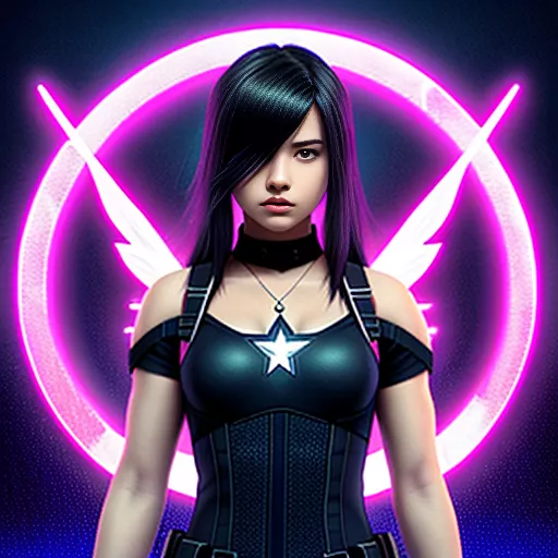 Winter soldiers daughter, a fierce young woman, scruffy short black hairdo, white skin, and well-toned muscular physique. wearing black full coverage shirt with a star design on it, no necklace, focused face. she resembles the winter soldier. she is standing next to male winter soldier who has a metal arm, subble, and medium length hair in angelcore style
