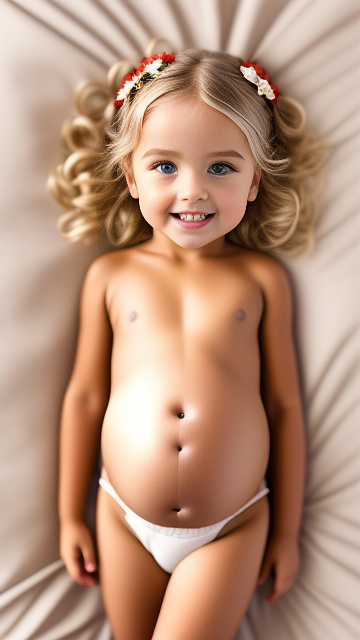 Realistic, detailed, 4-year-old blonde girl, pregnant, tan wedding outfit, showing belly, laying in bed, top down full body view, red blush, tan skin, mouth open, milk  in custom style