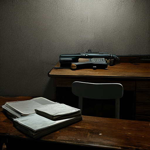In a dark room, there is a telephone and a gun on the table. a man is sitting on a chair, and he is dead. in custom style